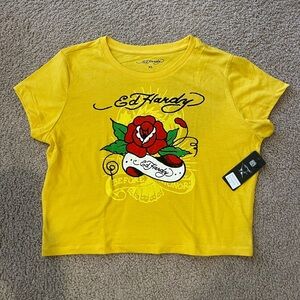ED HARDY Mustard Yellow Graphic Print Crop Top Tee